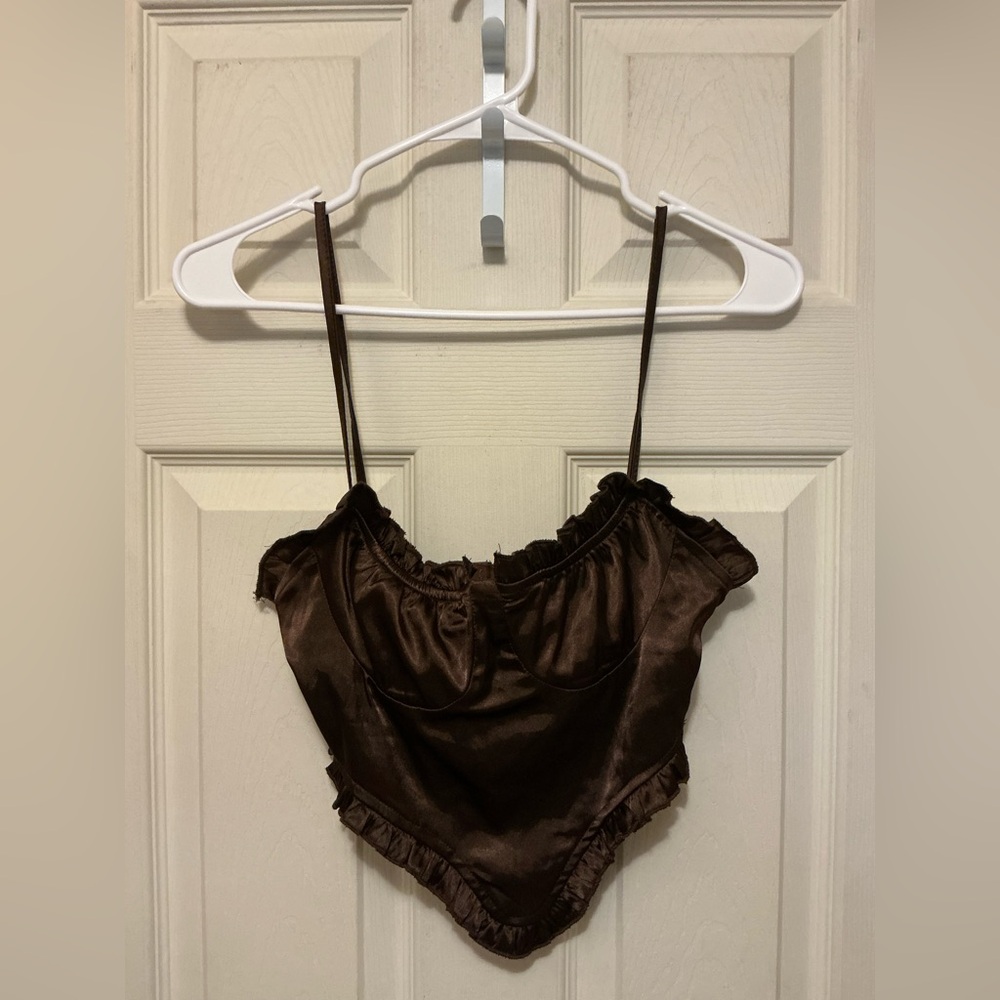 Tic-Toc Brown Satin Ruffle Corset Top with Hook and eye closure